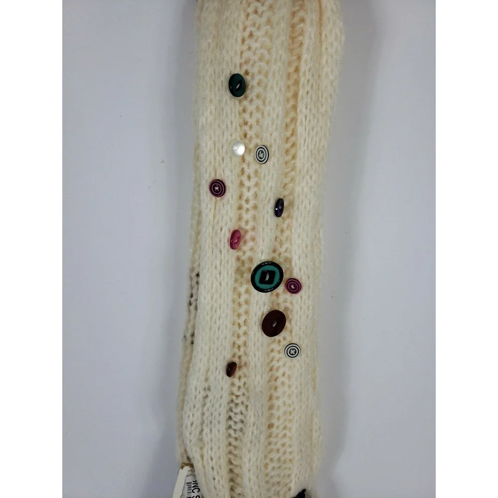 Unique American Rag Scarf w/ Fringe & Buttons Ivory w/ Blue Ribbon Winter - E1